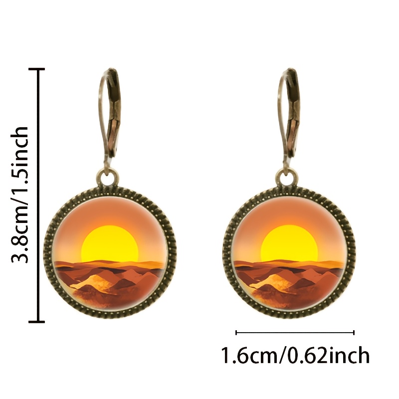 Teal Classic Pendant Earrings Set, 2pcs with Desert Sunset Design